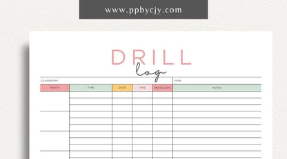 Classroom Drill Log Printable Template – Digital Download for Recording and Tracking Classroom Drills and Emergency Procedures