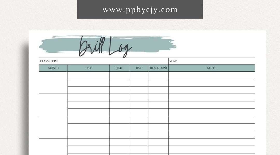 Classroom Drill Log Printable Template – Digital Download for Recording and Tracking Classroom Drills and Emergency Procedures