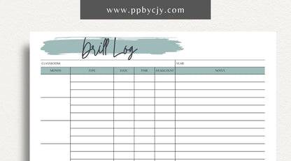 Classroom Drill Log Printable Template – Digital Download for Recording and Tracking Classroom Drills and Emergency Procedures