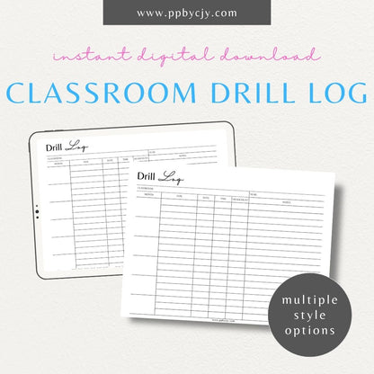 Classroom Drill Log Printable Template – Digital Download for Recording and Tracking Classroom Drills and Emergency Procedures