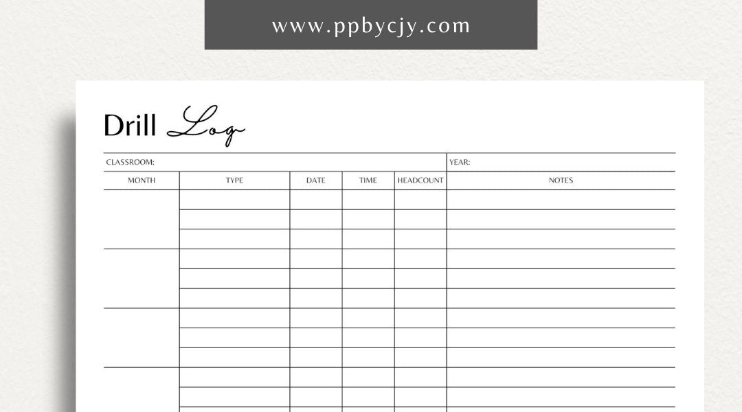 Classroom Drill Log Printable Template – Digital Download for Recording and Tracking Classroom Drills and Emergency Procedures