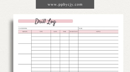 Classroom Drill Log Printable Template – Digital Download for Recording and Tracking Classroom Drills and Emergency Procedures