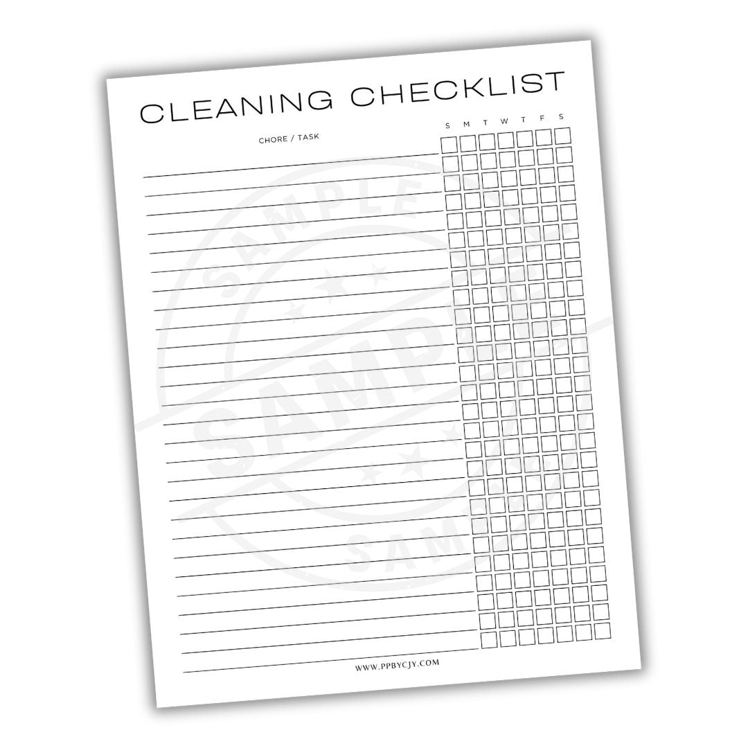 Cleaning checklist with columns for chores and tasks on a white background