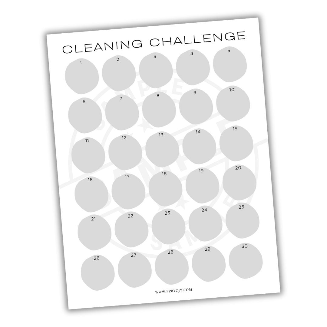 Cleaning challenge calendar with 30 days of tasks on a white background