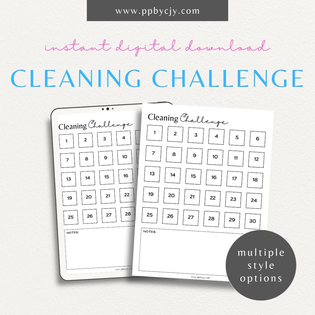 30 Day Cleaning Challenge Printable Template – Digital Download for Organizing and Tracking Daily Cleaning Tasks