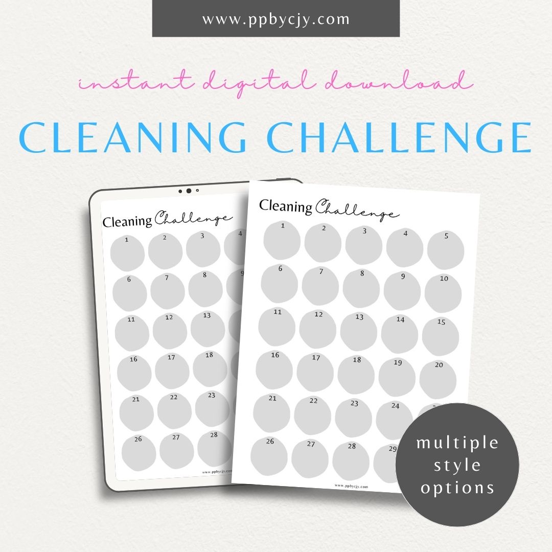 30 Day Cleaning Challenge Printable Template – Digital Download for Organizing and Tracking Daily Cleaning Tasks