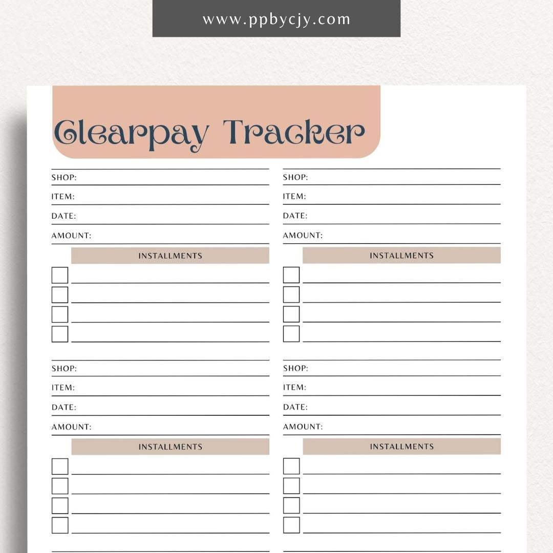 Clearpay Payment Tracker Printable Template – Digital Download for Tracking and Managing Clearpay Payments and Transactions