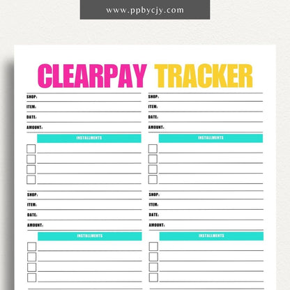 Clearpay Payment Tracker Printable Template – Digital Download for Tracking and Managing Clearpay Payments and Transactions