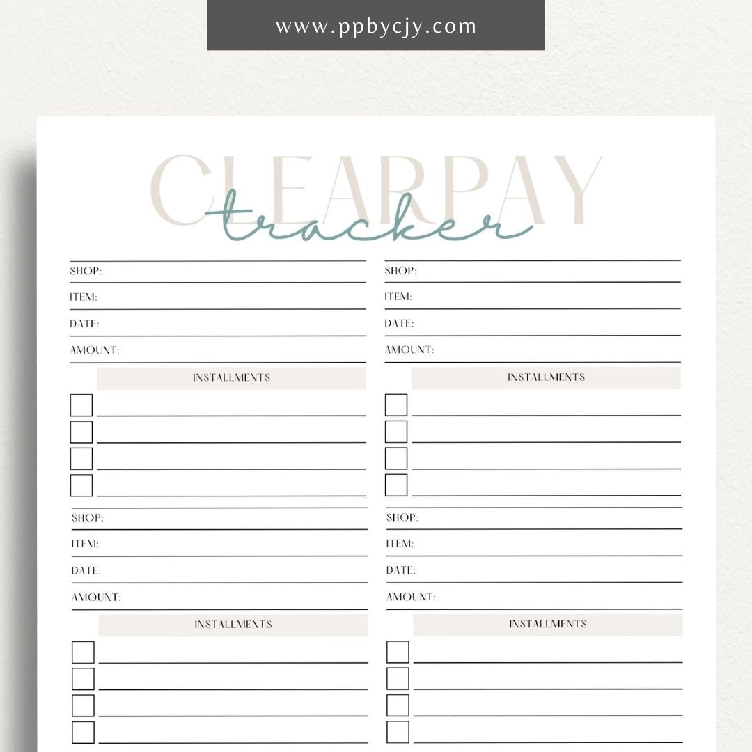 Clearpay Payment Tracker Printable Template – Digital Download for Tracking and Managing Clearpay Payments and Transactions