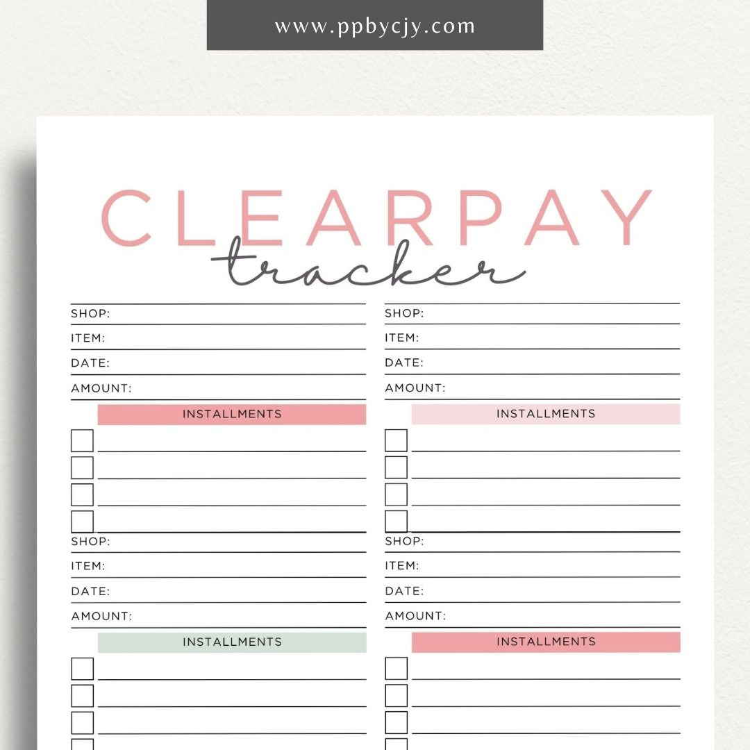 Clearpay Payment Tracker Printable Template – Digital Download for Tracking and Managing Clearpay Payments and Transactions