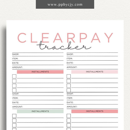 Clearpay Payment Tracker Printable Template – Digital Download for Tracking and Managing Clearpay Payments and Transactions