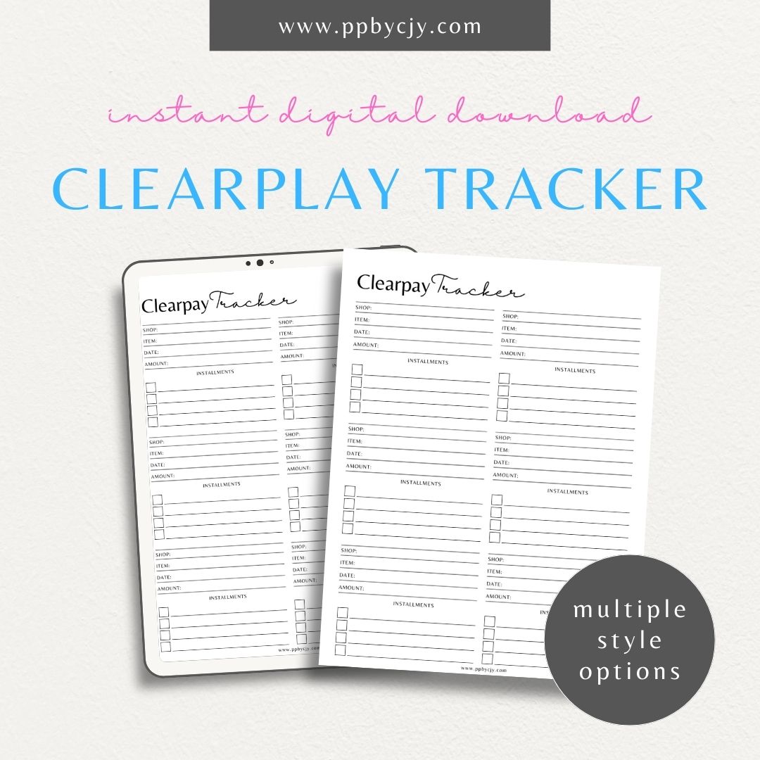 Clearpay Payment Tracker Printable Template – Digital Download for Tracking and Managing Clearpay Payments and Transactions