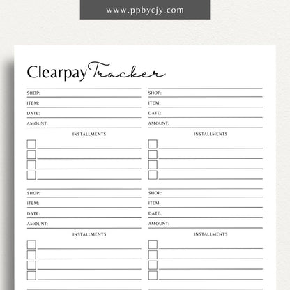 Clearpay Payment Tracker Printable Template – Digital Download for Tracking and Managing Clearpay Payments and Transactions