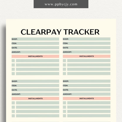 Clearpay Payment Tracker Printable Template – Digital Download for Tracking and Managing Clearpay Payments and Transactions