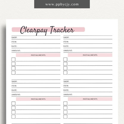 Clearpay Payment Tracker Printable Template – Digital Download for Tracking and Managing Clearpay Payments and Transactions