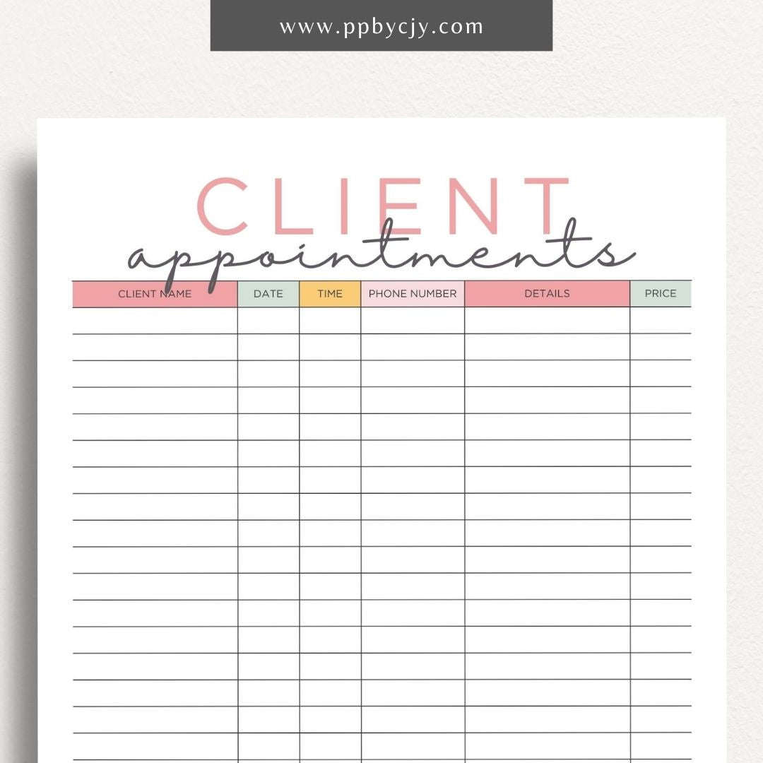 Client Appointment Reminder Printable Template – Digital Download for Organizing and Reminding About Client Appointments and Meetings