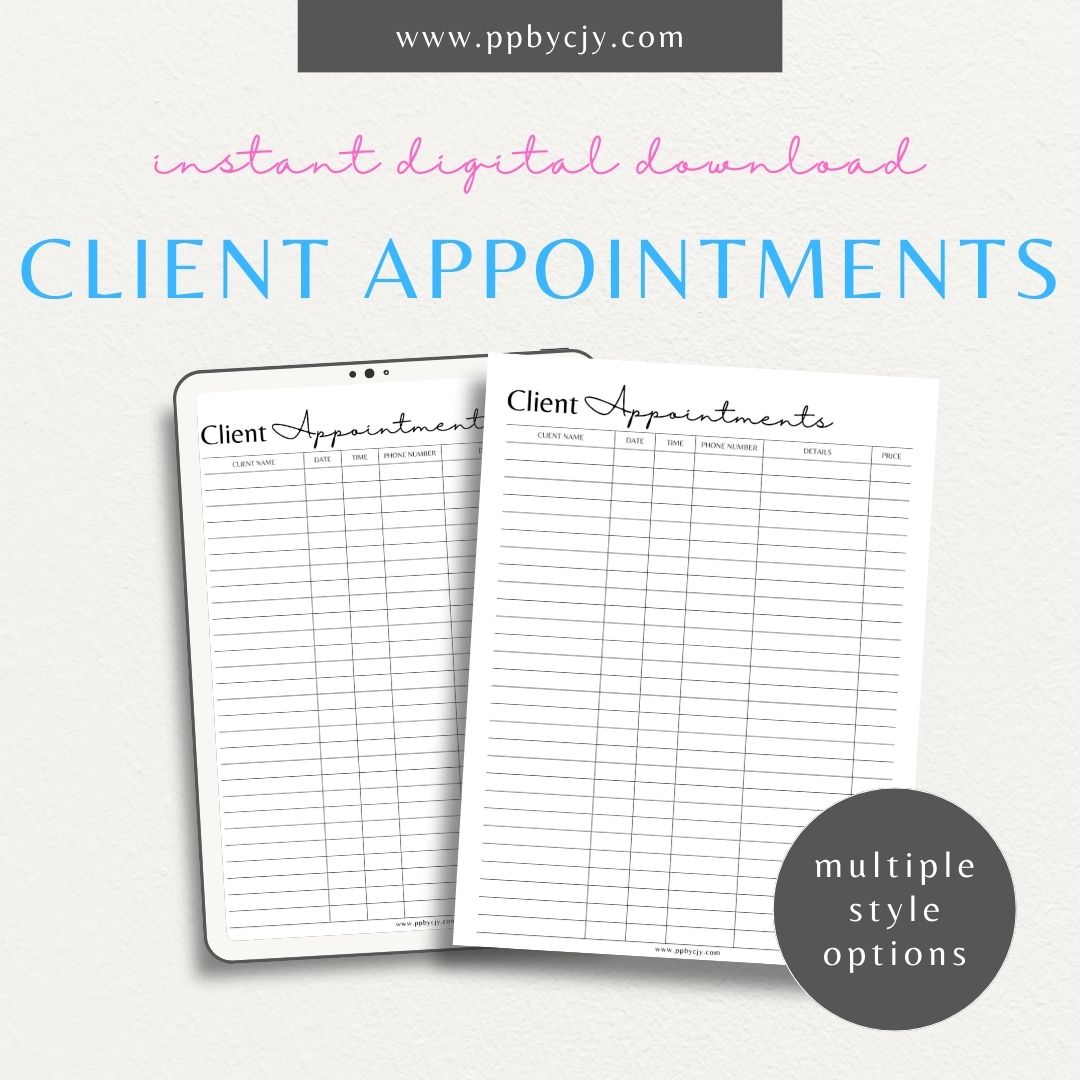 Client Appointment Reminder Printable Template – Digital Download for Organizing and Reminding About Client Appointments and Meetings