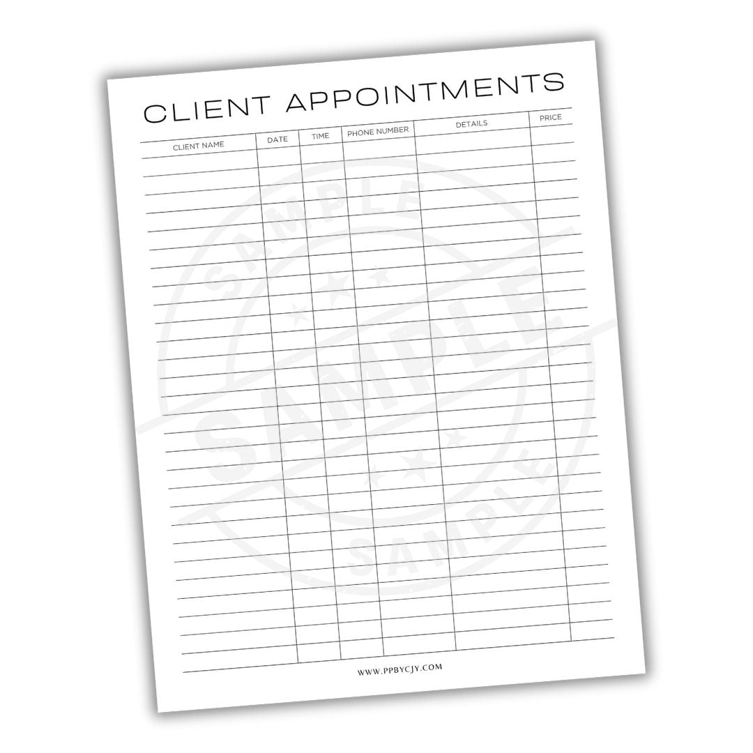 Client appointments sheet with a grid layout on a white background