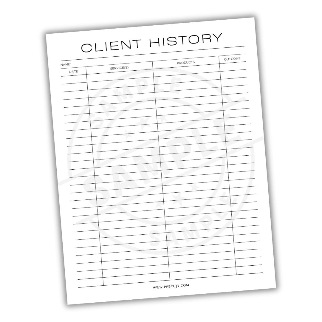 Client history sheet with columns for name, date, services/products, and outcome on a white background.