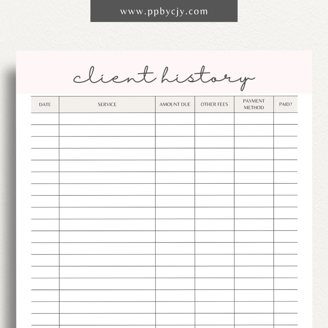 Client Payment History Printable Template – Digital Download for Recording and Tracking Client Payments and Transactions