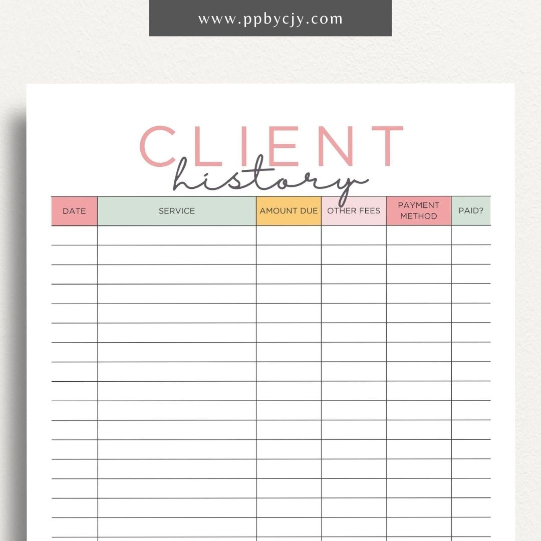 Client Payment History Printable Template – Digital Download for Recording and Tracking Client Payments and Transactions