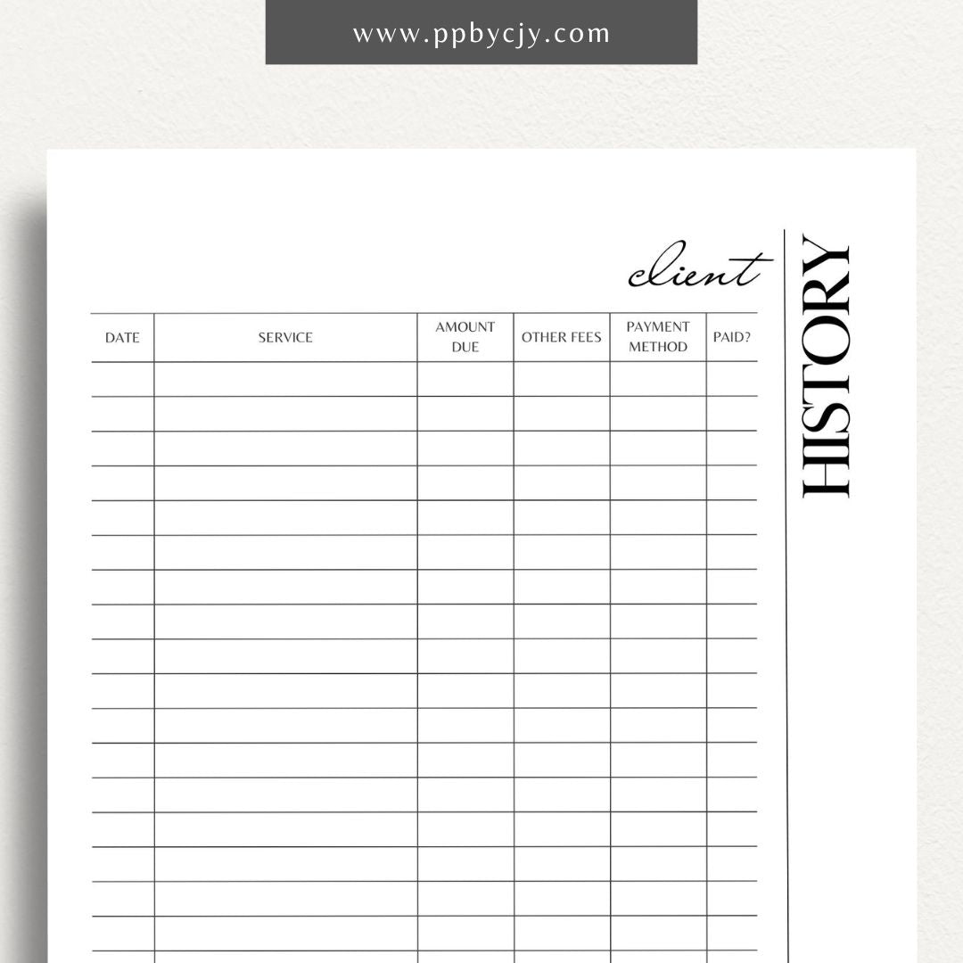 Client Payment History Printable Template – Digital Download for Recording and Tracking Client Payments and Transactions