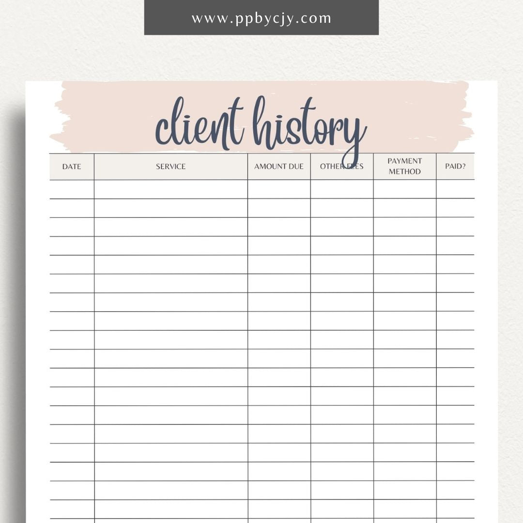 Client Payment History Printable Template – Digital Download for Recording and Tracking Client Payments and Transactions