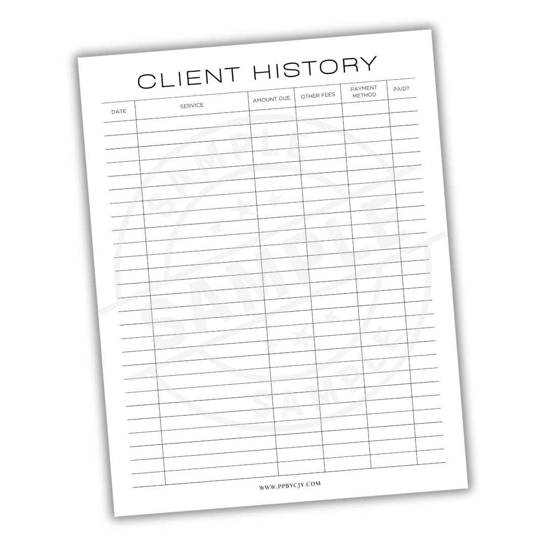 Client history sheet with columns for date, service, amount due, other fees, payment method, and payer on a white background.