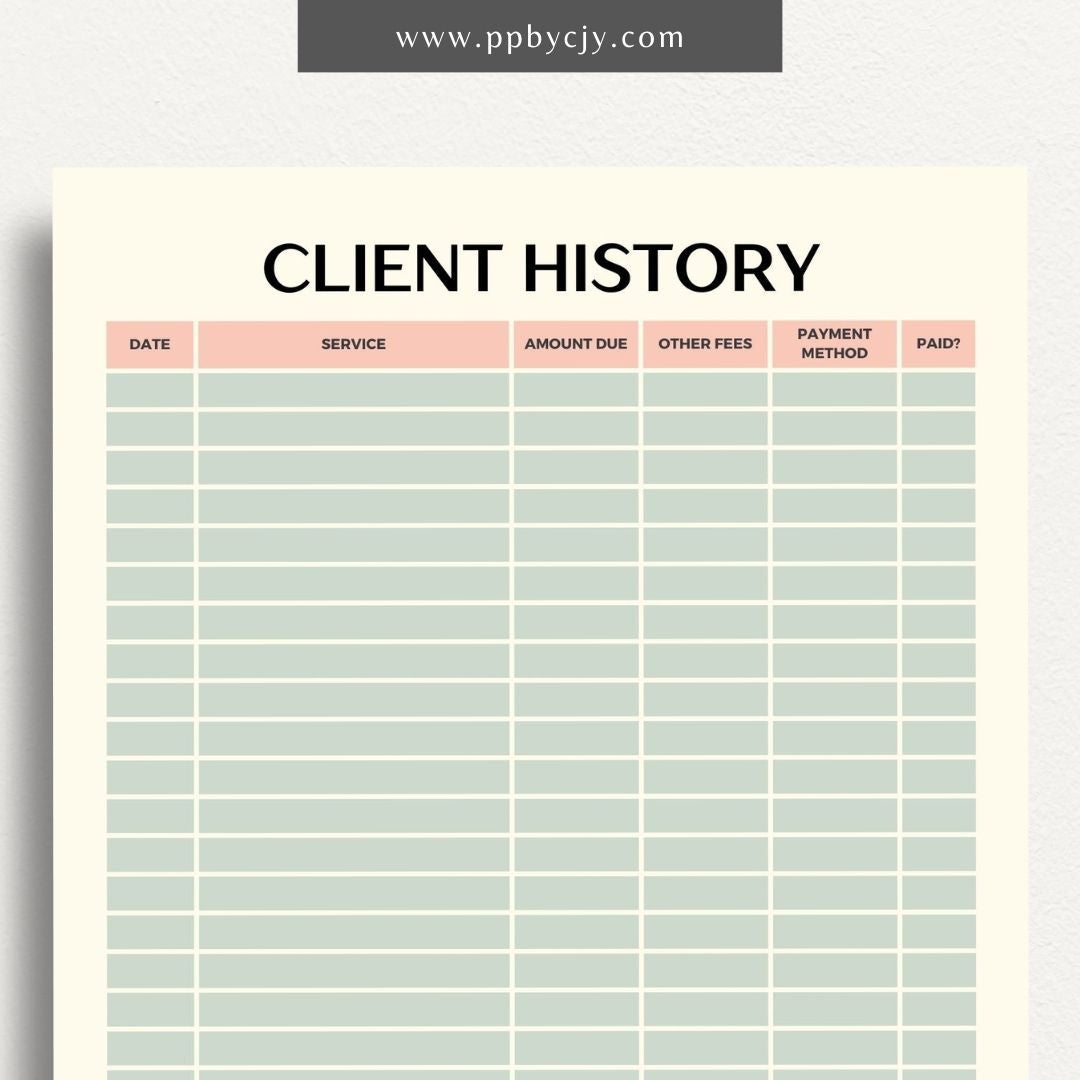 Client Payment History Printable Template – Digital Download for Recording and Tracking Client Payments and Transactions