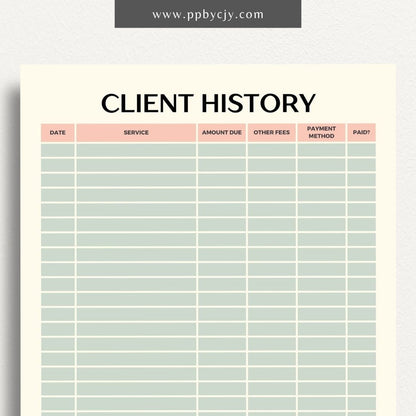 Client Payment History Printable Template – Digital Download for Recording and Tracking Client Payments and Transactions