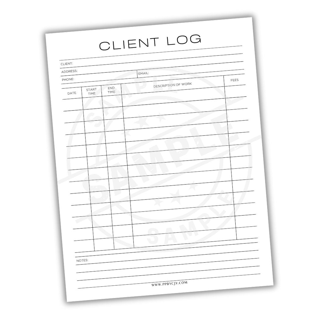 Client log sheet with columns for client name, address, date, time, description of work, and fees on a white background.