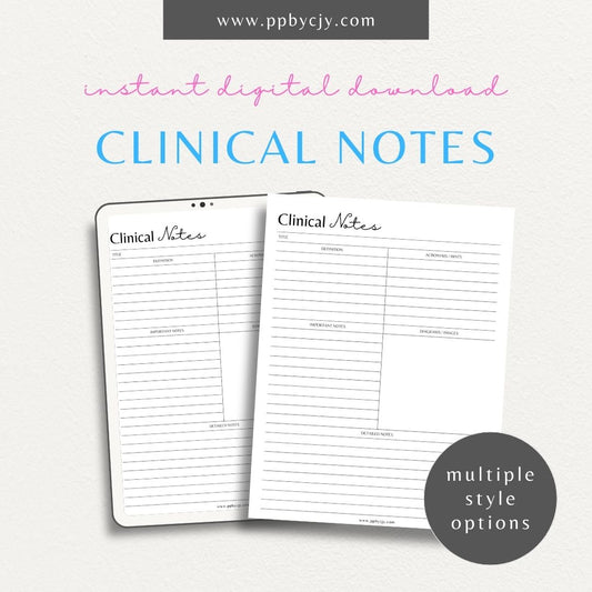 printable template page with columns and rows related to clinical nursing notes