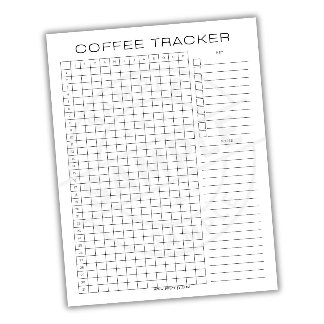 Coffee tracker sheet with grid and text on a white background