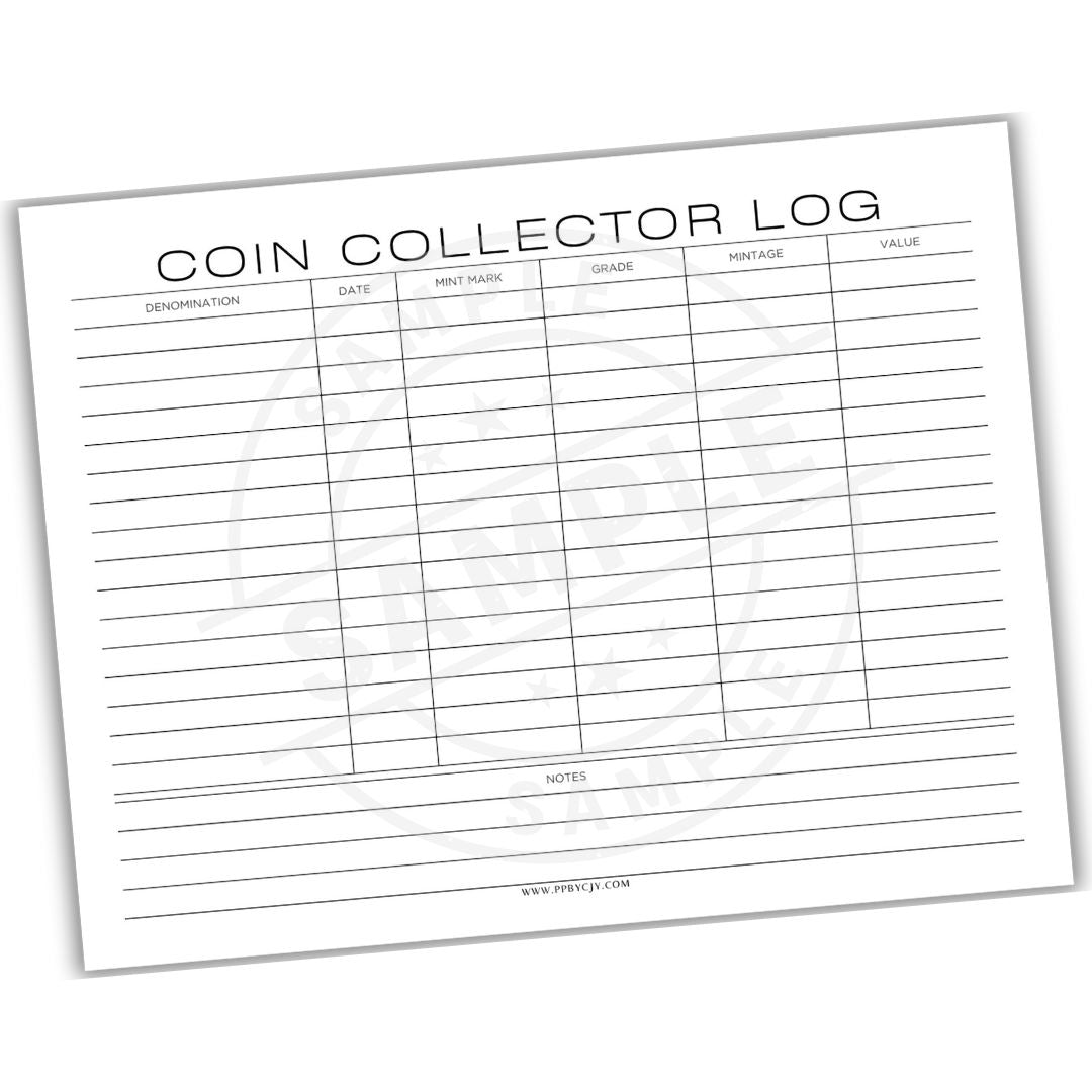Coin collector log sheet with columns for denomination, date, mint mark, grade, mintage, and value.
