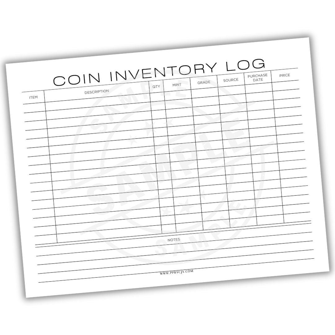 Coin inventory log sheet with columns for item details on a white background