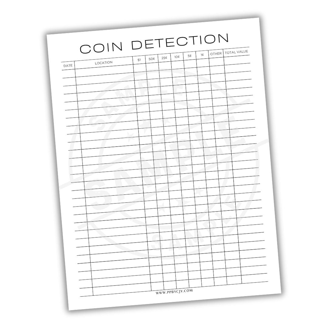 Coin detection sheet with a grid for recording coin information on a white background