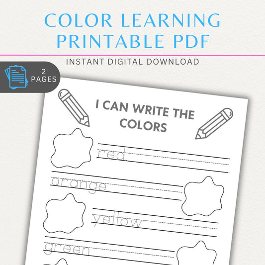 Printable colors learning aid featuring vibrant color names and matching activities for kids and early learners.

