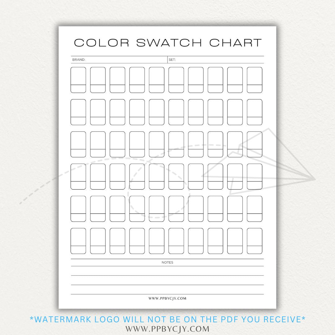 Color Swatch Chart Printable PDF Template for tracking and organizing colors, perfect for artists, designers, and crafters.

