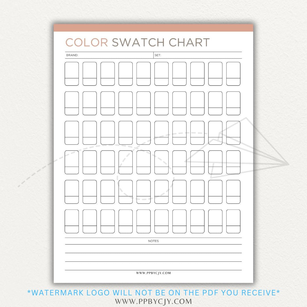 Color Swatch Chart Printable PDF Template for tracking and organizing colors, perfect for artists, designers, and crafters.

