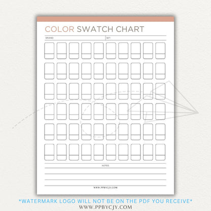 Color Swatch Chart Printable PDF Template for tracking and organizing colors, perfect for artists, designers, and crafters.

