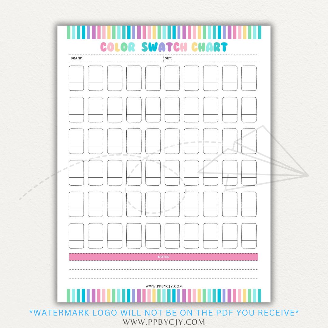 Color Swatch Chart Printable PDF Template for tracking and organizing colors, perfect for artists, designers, and crafters.

