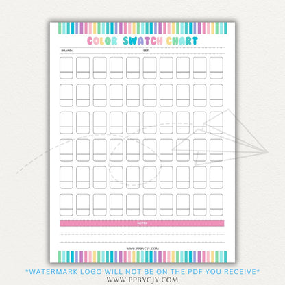 Color Swatch Chart Printable PDF Template for tracking and organizing colors, perfect for artists, designers, and crafters.

