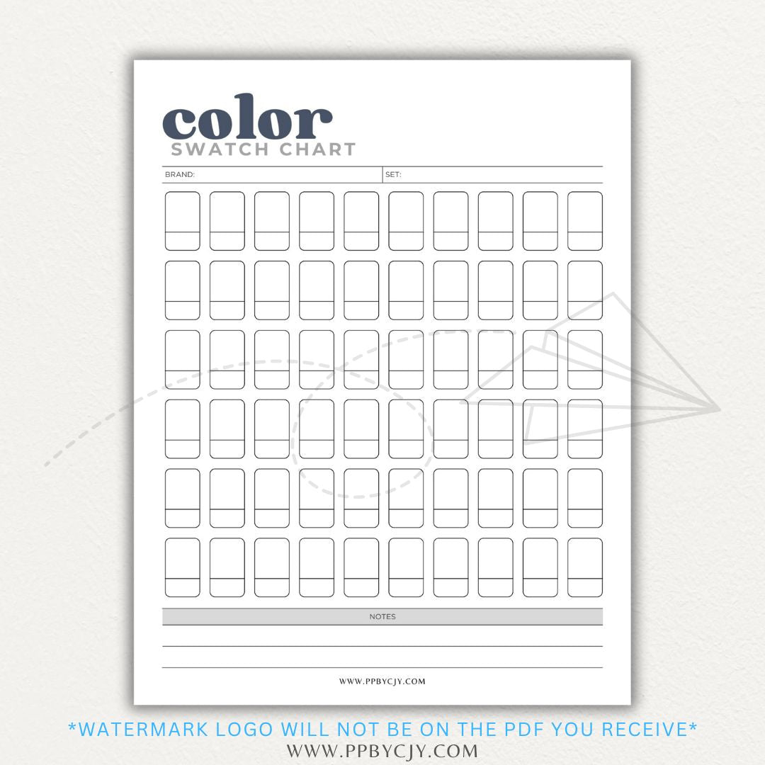 Color Swatch Chart Printable PDF Template for tracking and organizing colors, perfect for artists, designers, and crafters.

