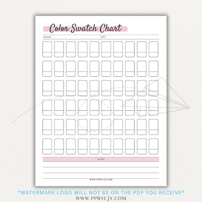 Color Swatch Chart Printable PDF Template for tracking and organizing colors, perfect for artists, designers, and crafters.

