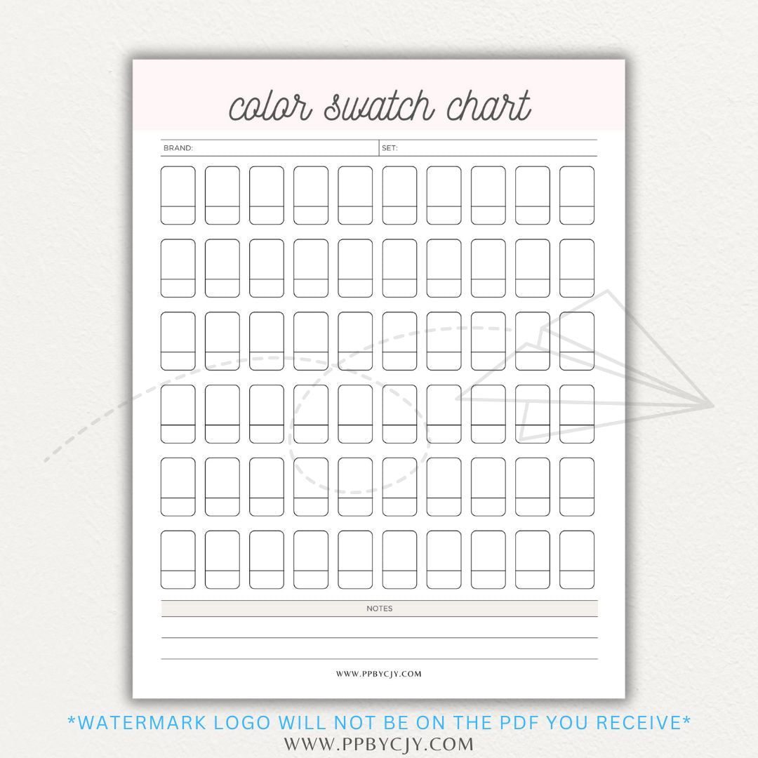 Color Swatch Chart Printable PDF Template for tracking and organizing colors, perfect for artists, designers, and crafters.

