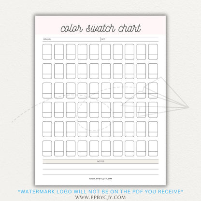 Color Swatch Chart Printable PDF Template for tracking and organizing colors, perfect for artists, designers, and crafters.

