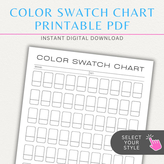 Color Swatch Chart Printable PDF Template for tracking and organizing colors, perfect for artists, designers, and crafters.

