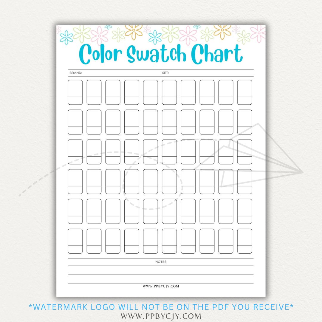 Color Swatch Chart Printable PDF Template for tracking and organizing colors, perfect for artists, designers, and crafters.

