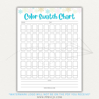 Color Swatch Chart Printable PDF Template for tracking and organizing colors, perfect for artists, designers, and crafters.

