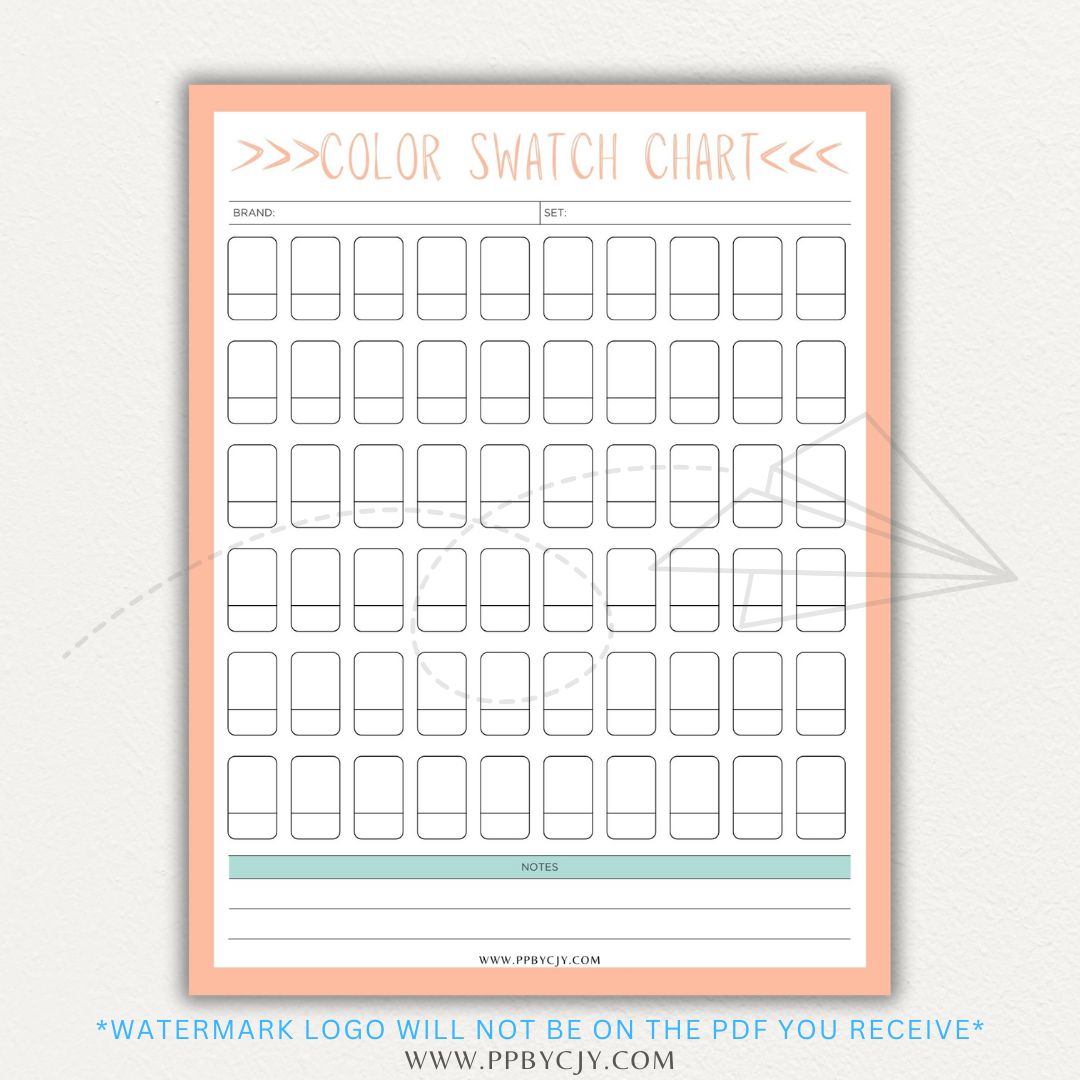 Color Swatch Chart Printable PDF Template for tracking and organizing colors, perfect for artists, designers, and crafters.

